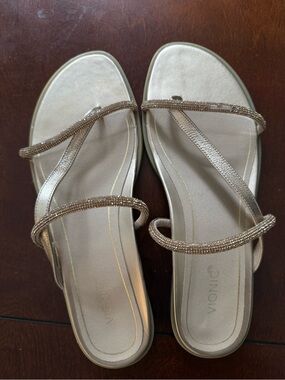 Vionic Metallic Gold Beaded T-Strap Slide Sandals
